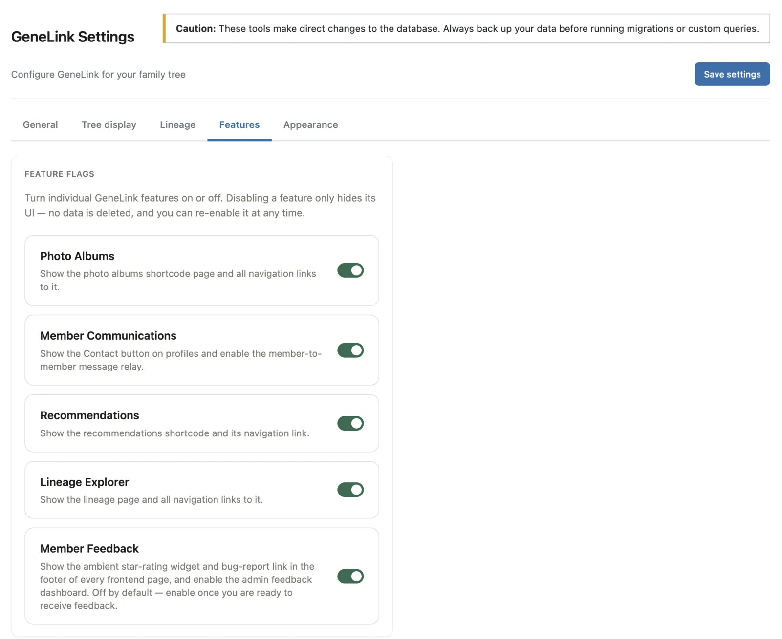 GeneLink settings inside the WordPress admin