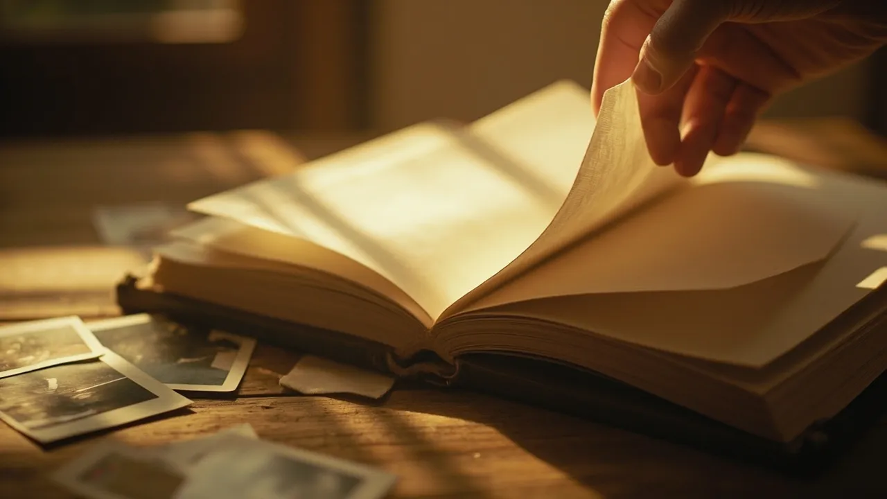 A hand turning the page of an open photo album