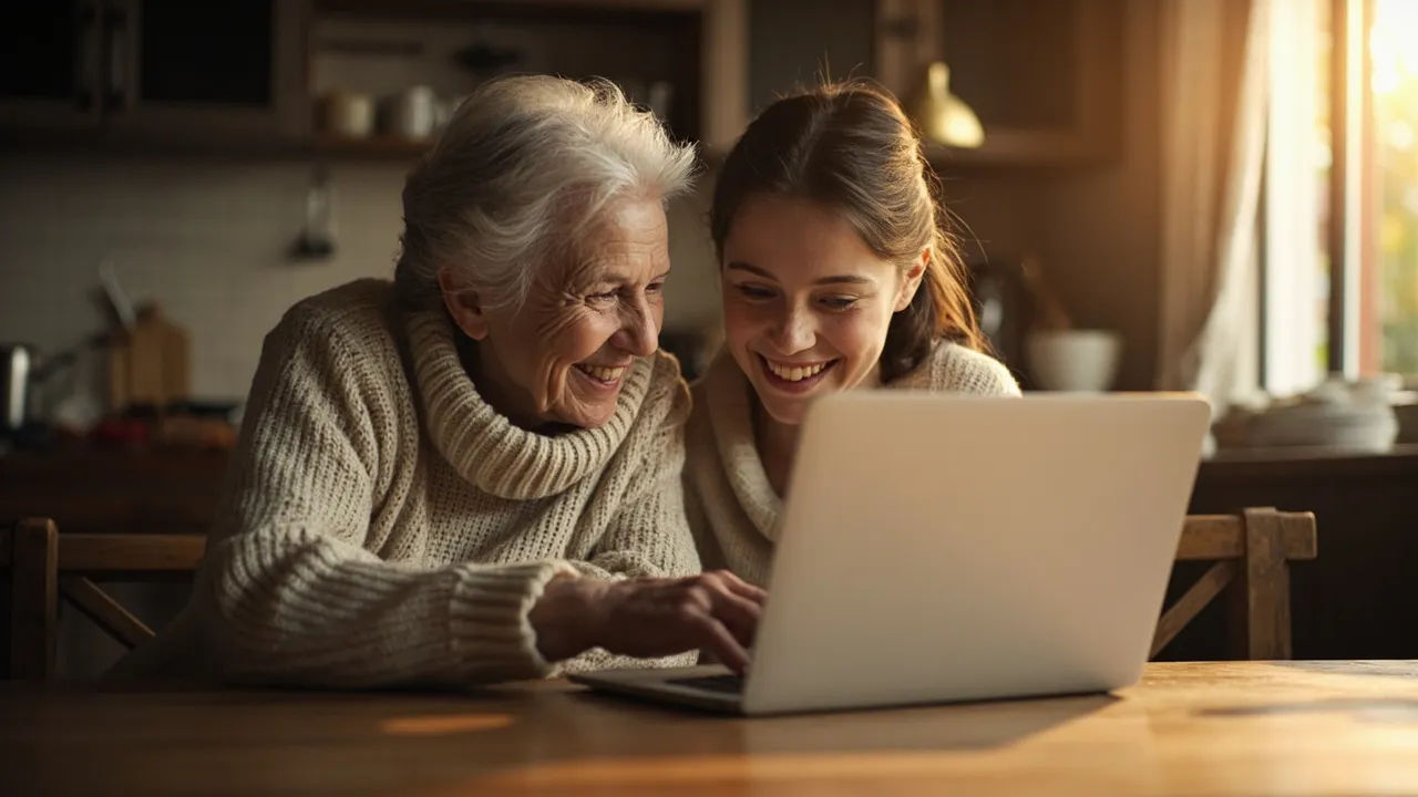 An older woman and a young adult looking at a laptop together