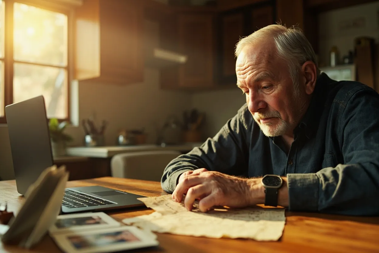 A person organizing family photos and letters at a kitchen table