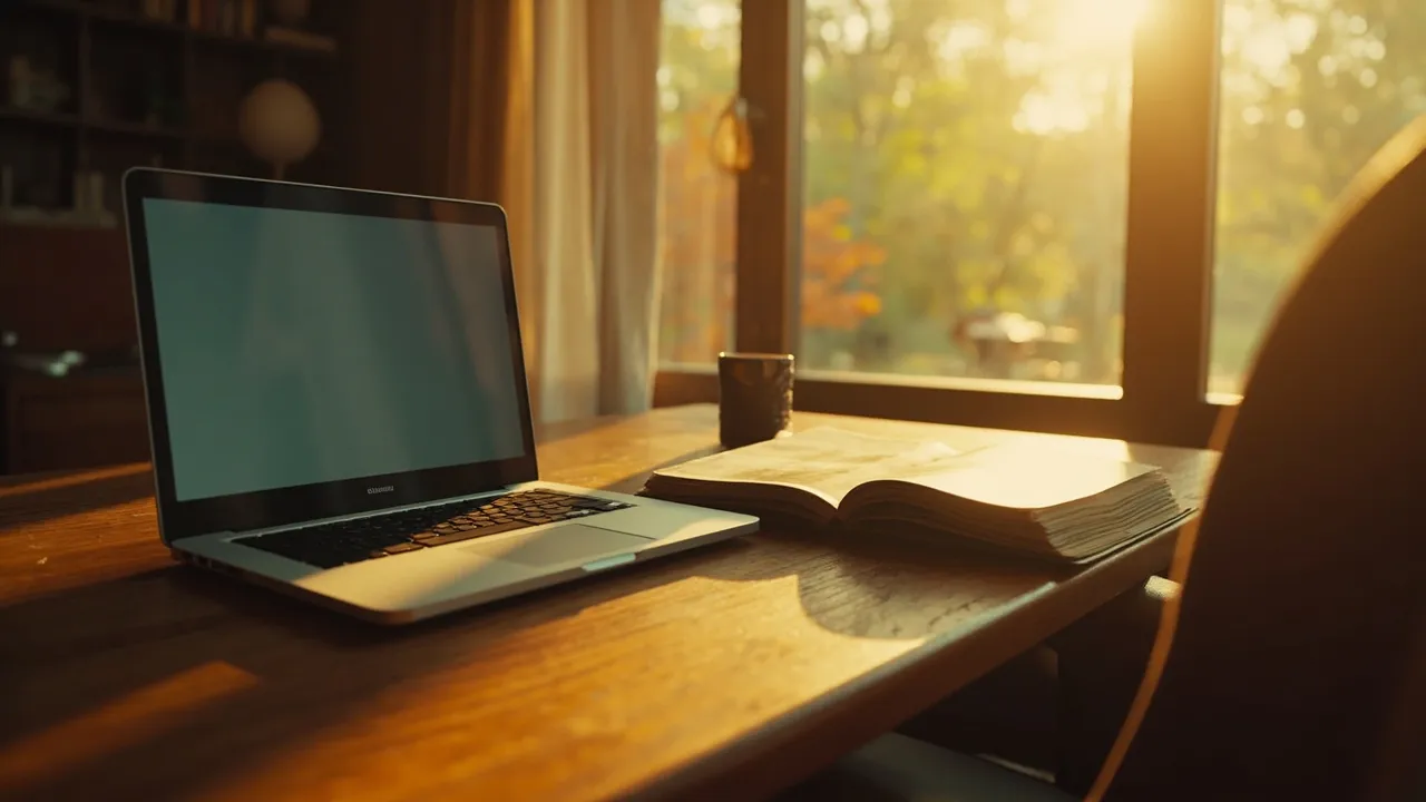A warm home-office desk by the window